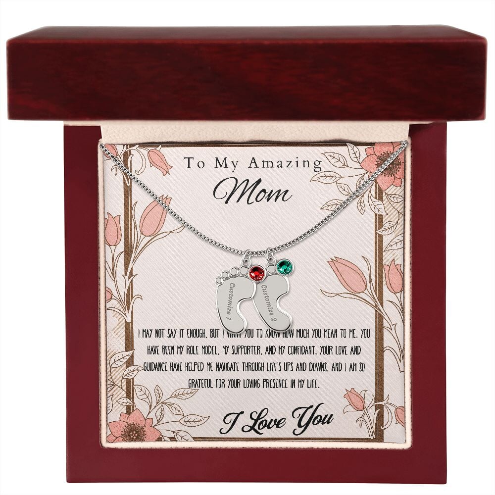 Engraved Baby Feet Necklace Pendant With Birthstone. Jewelry TVShowGifts 2 Charms Polished Stainless Steel Luxury Box