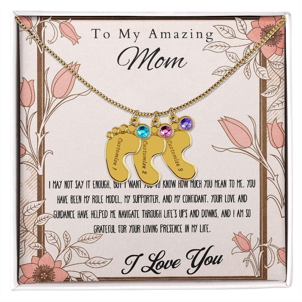 Engraved Baby Feet Necklace Pendant With Birthstone. Jewelry TVShowGifts 3 Charms 18K Yellow Gold Finish Standard Box