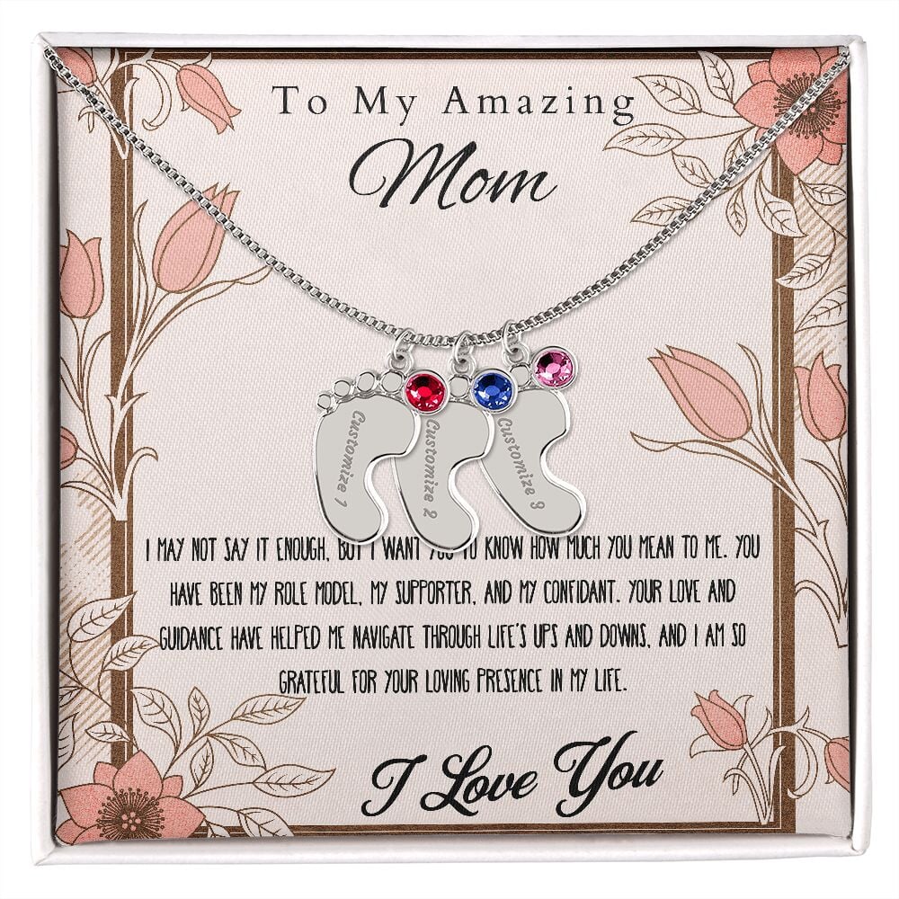 Engraved Baby Feet Necklace Pendant With Birthstone. Jewelry TVShowGifts 3 Charms Polished Stainless Steel Standard Box