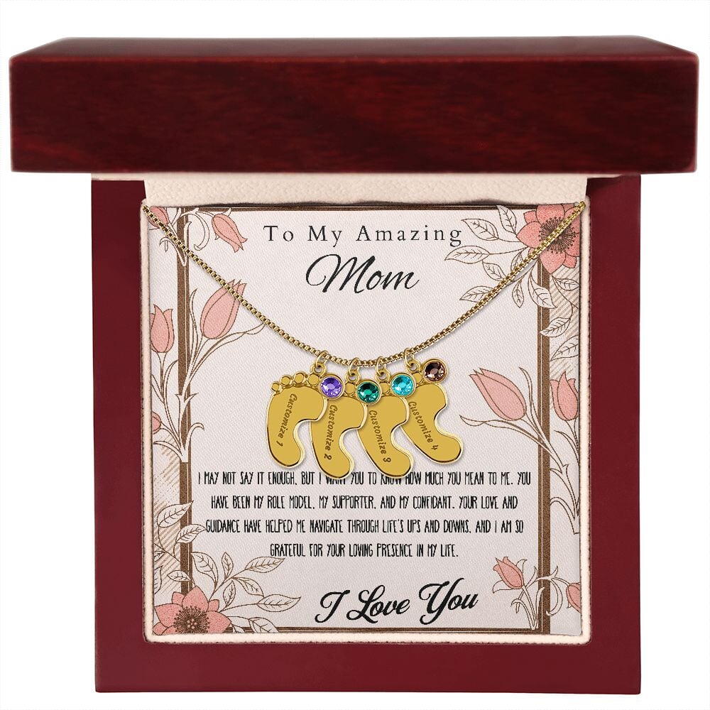 Engraved Baby Feet Necklace Pendant With Birthstone. Jewelry TVShowGifts 4 Charms 18K Yellow Gold Finish Luxury Box