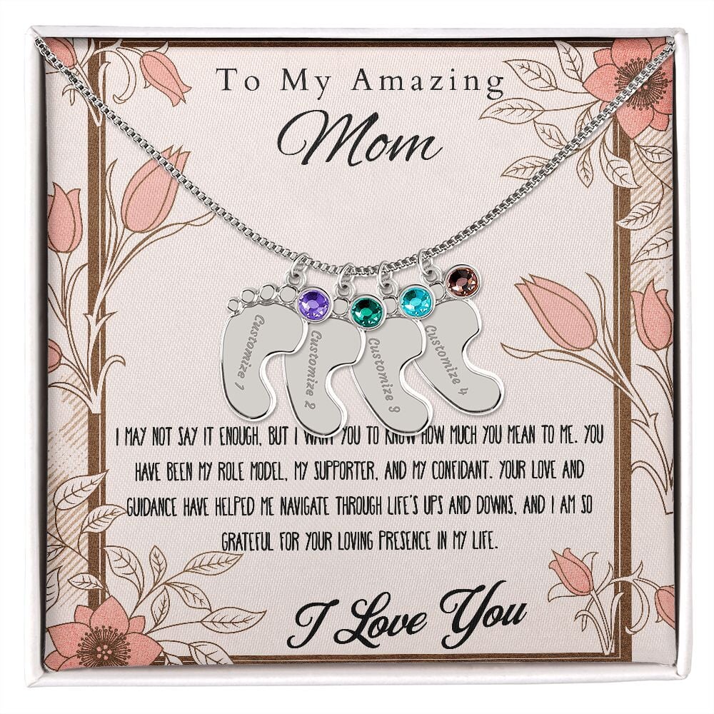 Engraved Baby Feet Necklace Pendant With Birthstone. Jewelry TVShowGifts 4 Charms Polished Stainless Steel Standard Box