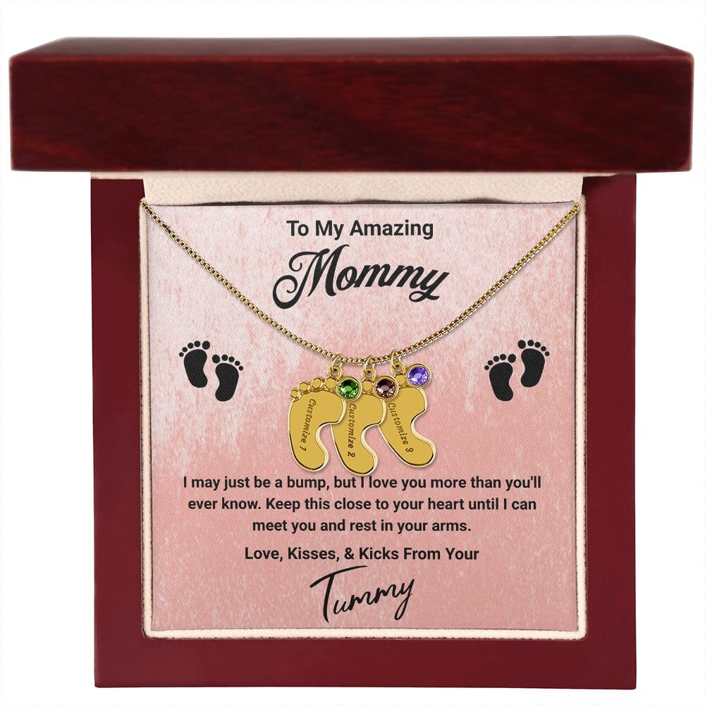 To My Amazing Mommy Baby Feet Pendant Engraved Necklace Jewelry TVShowGifts 3 Charms 18K Yellow Gold Finish Luxury Box