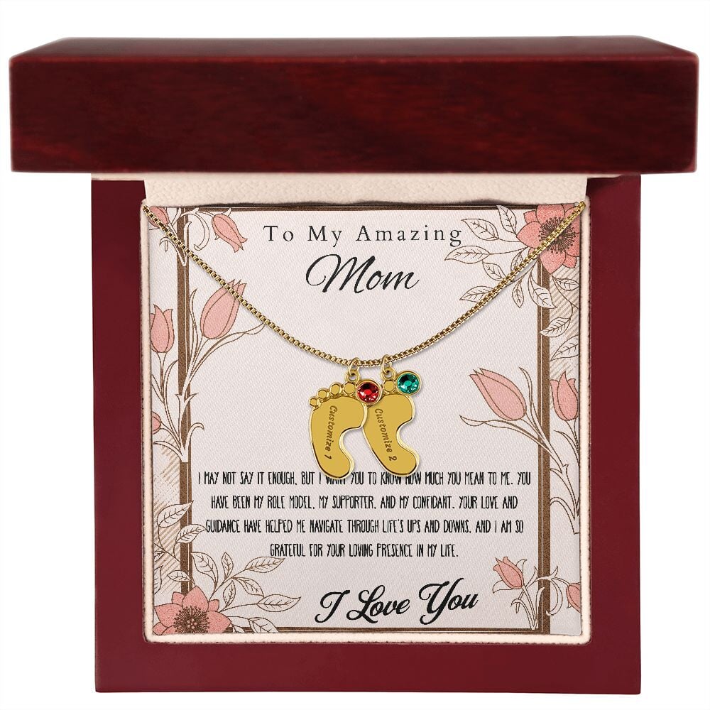 Engraved Baby Feet Necklace Pendant With Birthstone. Jewelry TVShowGifts 2 Charms 18K Yellow Gold Finish Luxury Box