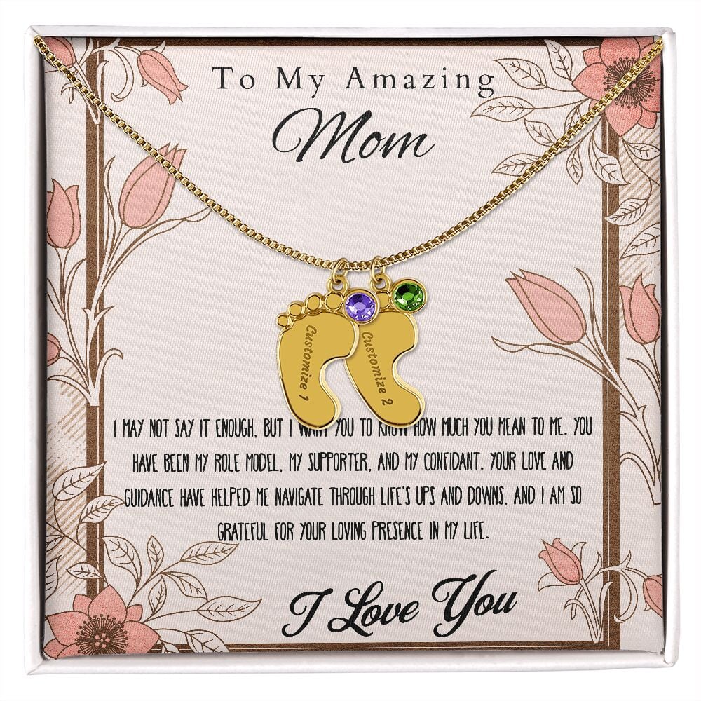 Engraved Baby Feet Necklace Pendant With Birthstone. Jewelry TVShowGifts 2 Charms 18K Yellow Gold Finish Standard Box