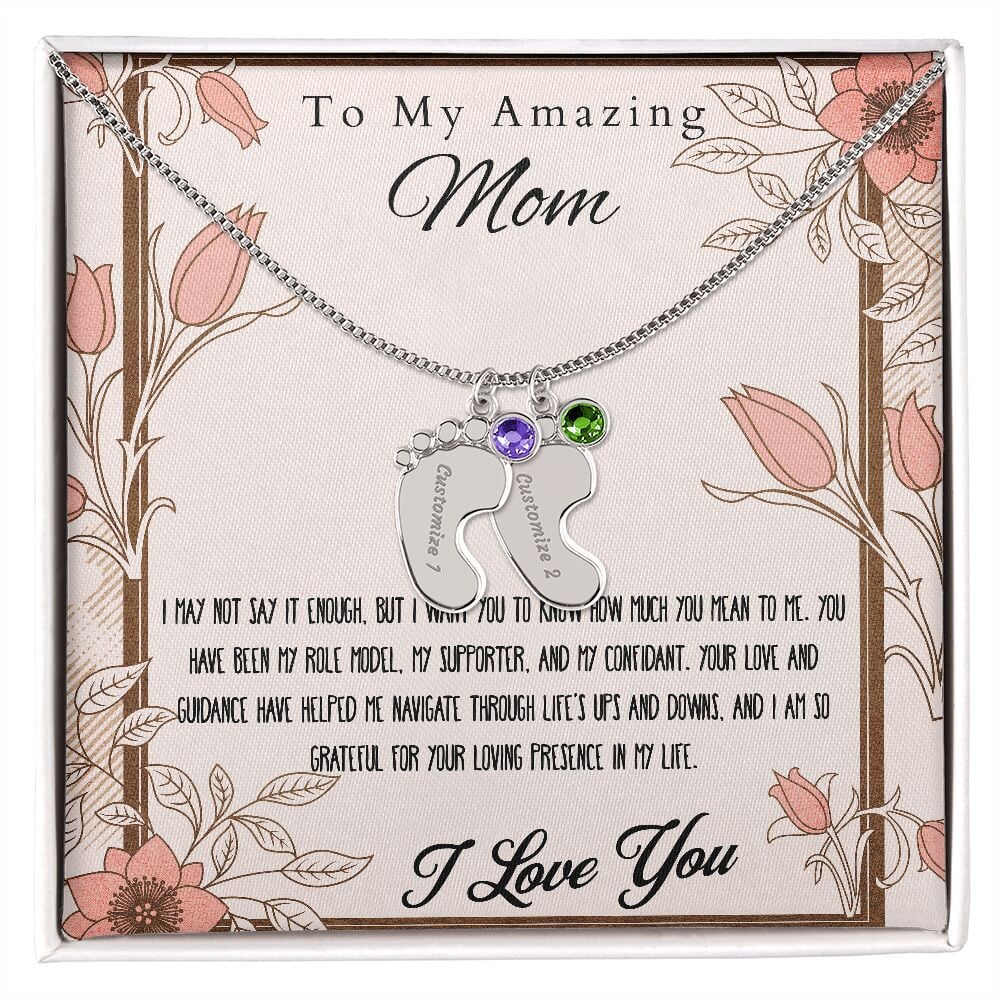 Engraved Baby Feet Necklace Pendant With Birthstone. Jewelry TVShowGifts 2 Charms Polished Stainless Steel Standard Box