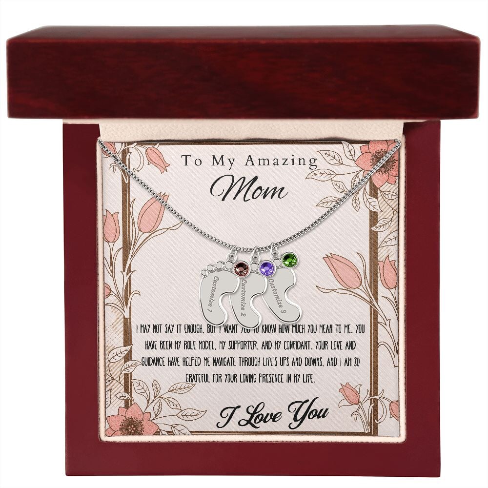 Engraved Baby Feet Necklace Pendant With Birthstone. Jewelry TVShowGifts 3 Charms Polished Stainless Steel Luxury Box