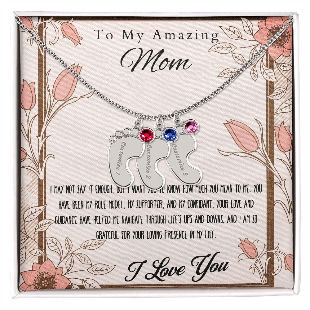 Engraved Baby Feet Necklace Pendant With Birthstone. Jewelry TVShowGifts 3 Charms Polished Stainless Steel Standard Box