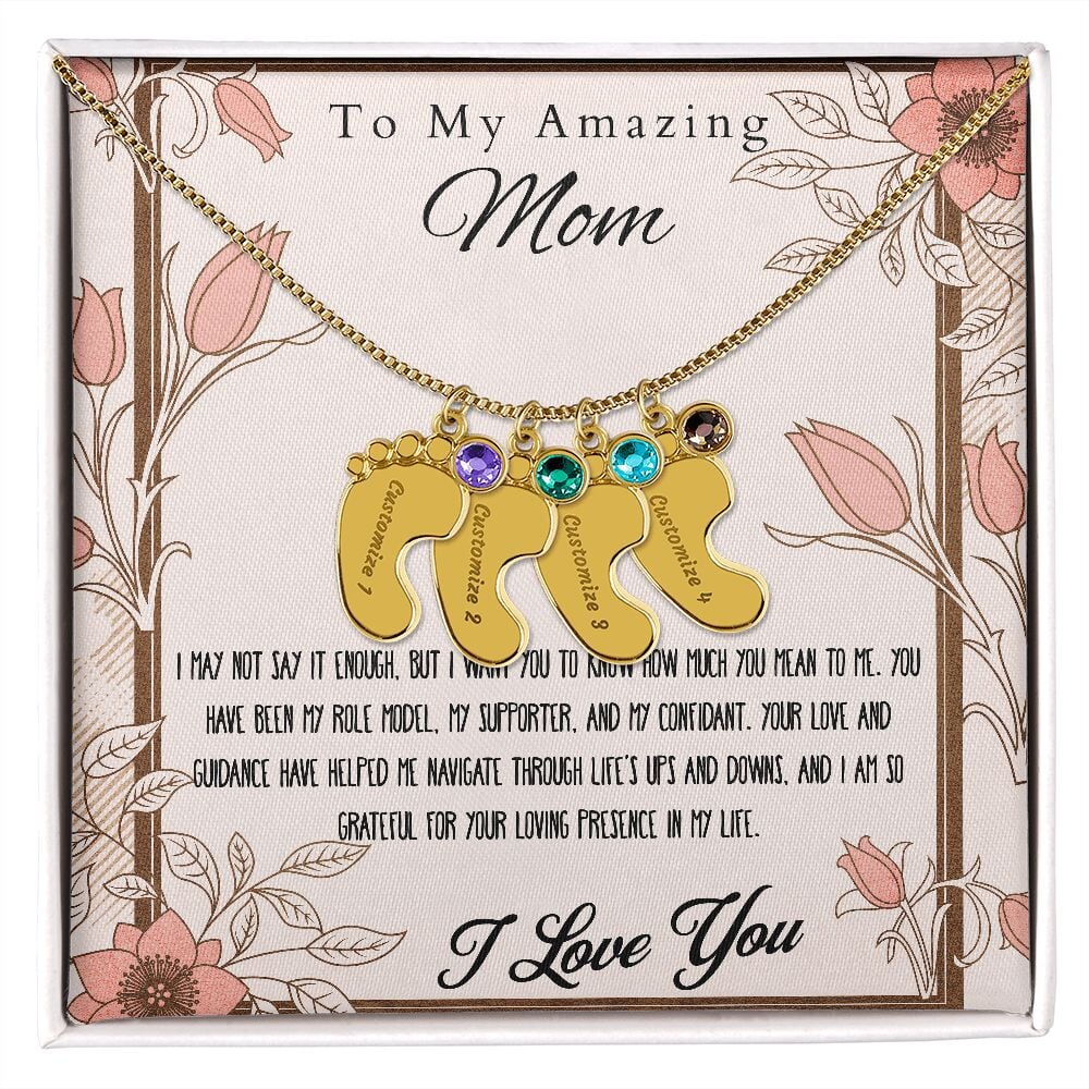 Engraved Baby Feet Necklace Pendant With Birthstone. Jewelry TVShowGifts 4 Charms 18K Yellow Gold Finish Standard Box