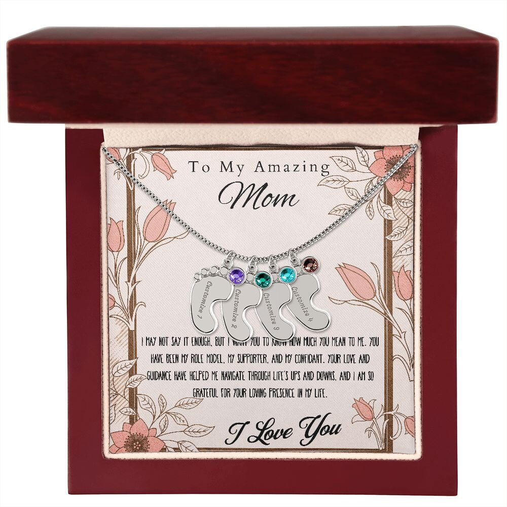 Engraved Baby Feet Necklace Pendant With Birthstone. Jewelry TVShowGifts 4 Charms Polished Stainless Steel Luxury Box