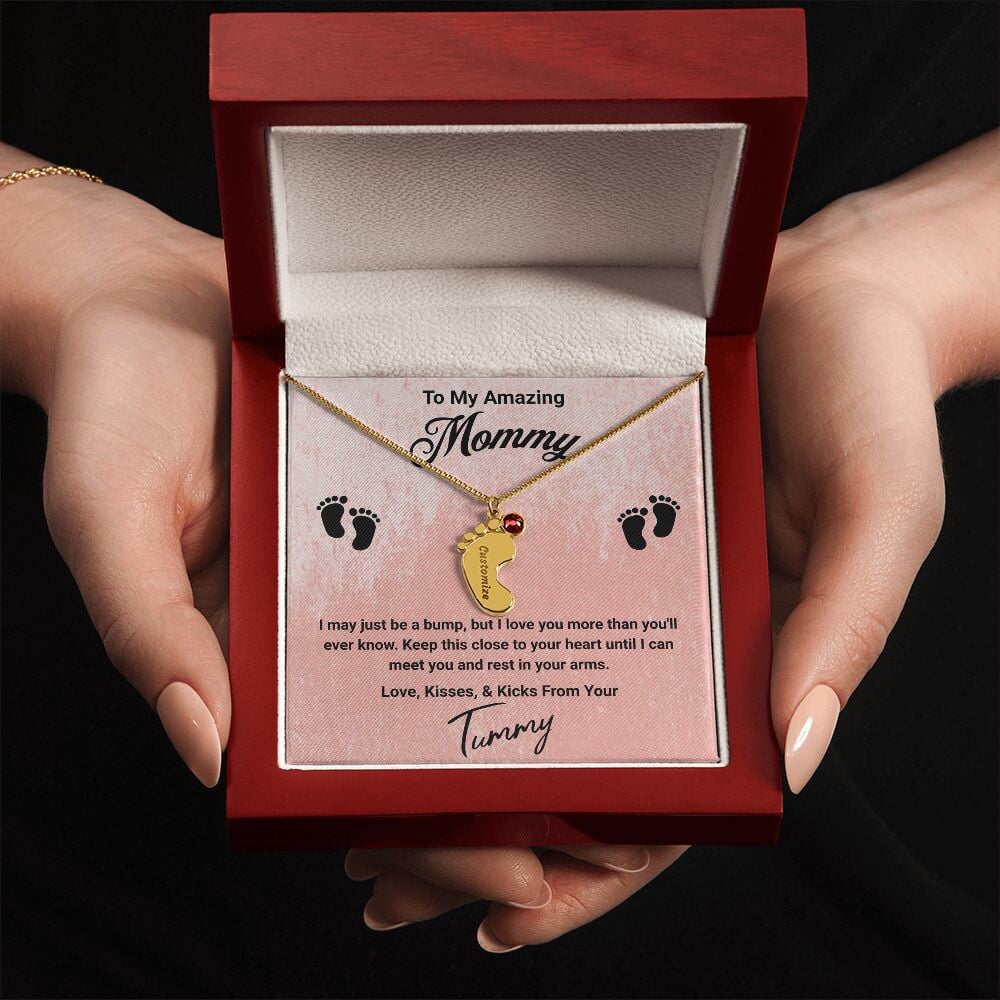 To My Amazing Mommy Baby Feet Pendant Engraved Necklace Jewelry TVShowGifts 1 Charm 18K Yellow Gold Finish Luxury Box