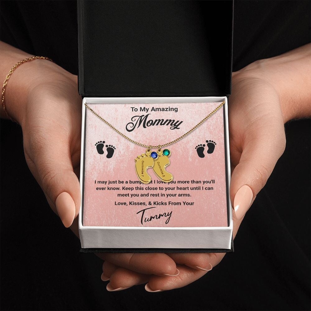 To My Amazing Mommy Baby Feet Pendant Engraved Necklace Jewelry TVShowGifts 2 Charms 18K Yellow Gold Finish Standard Box