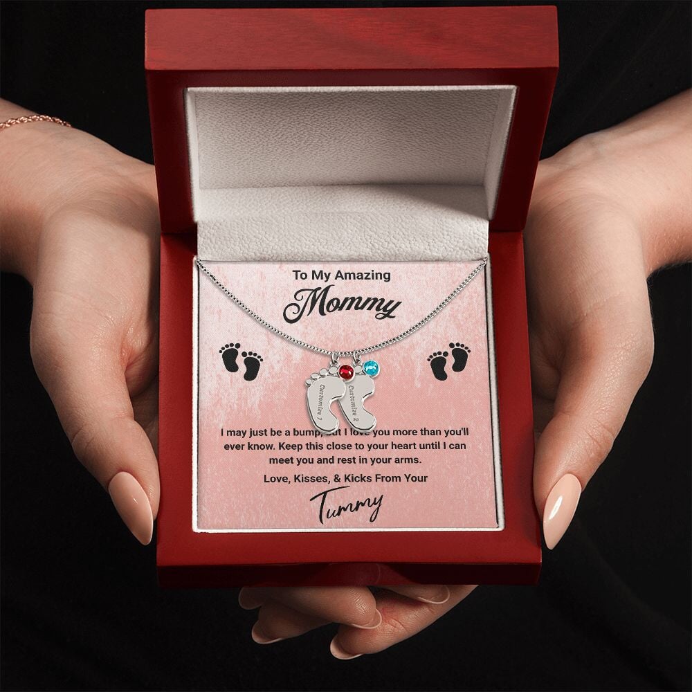 To My Amazing Mommy Baby Feet Pendant Engraved Necklace Jewelry TVShowGifts 2 Charms Polished Stainless Steel Luxury Box