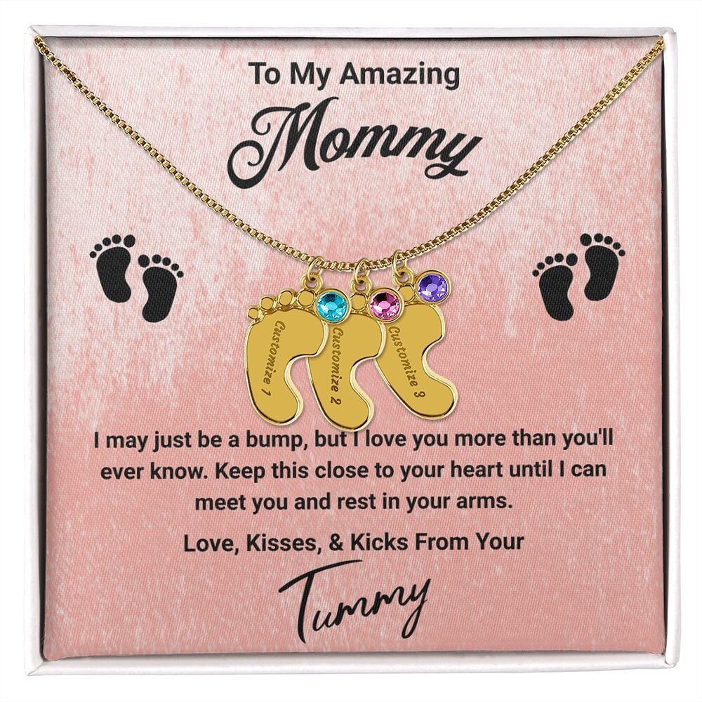 To My Amazing Mommy Baby Feet Pendant Engraved Necklace Jewelry TVShowGifts 3 Charms 18K Yellow Gold Finish Standard Box