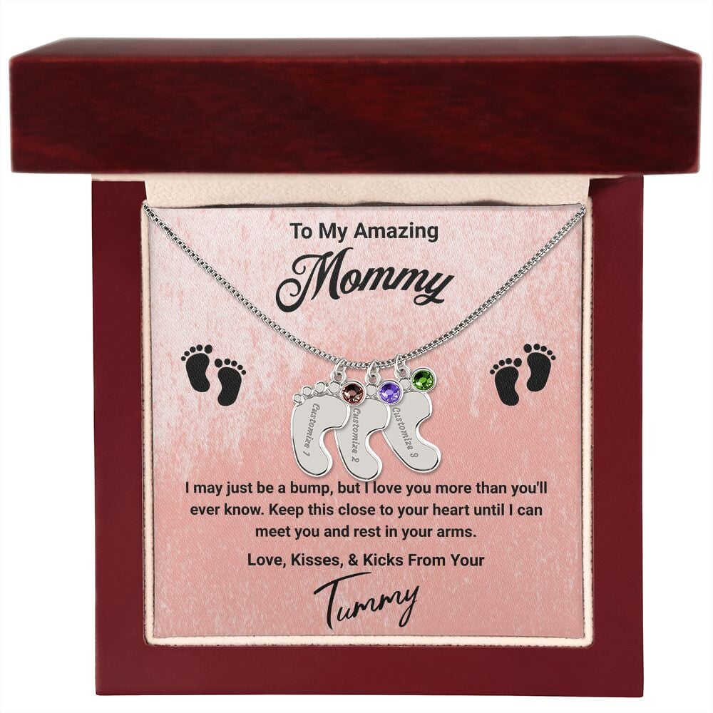 To My Amazing Mommy Baby Feet Pendant Engraved Necklace Jewelry TVShowGifts 3 Charms Polished Stainless Steel Luxury Box