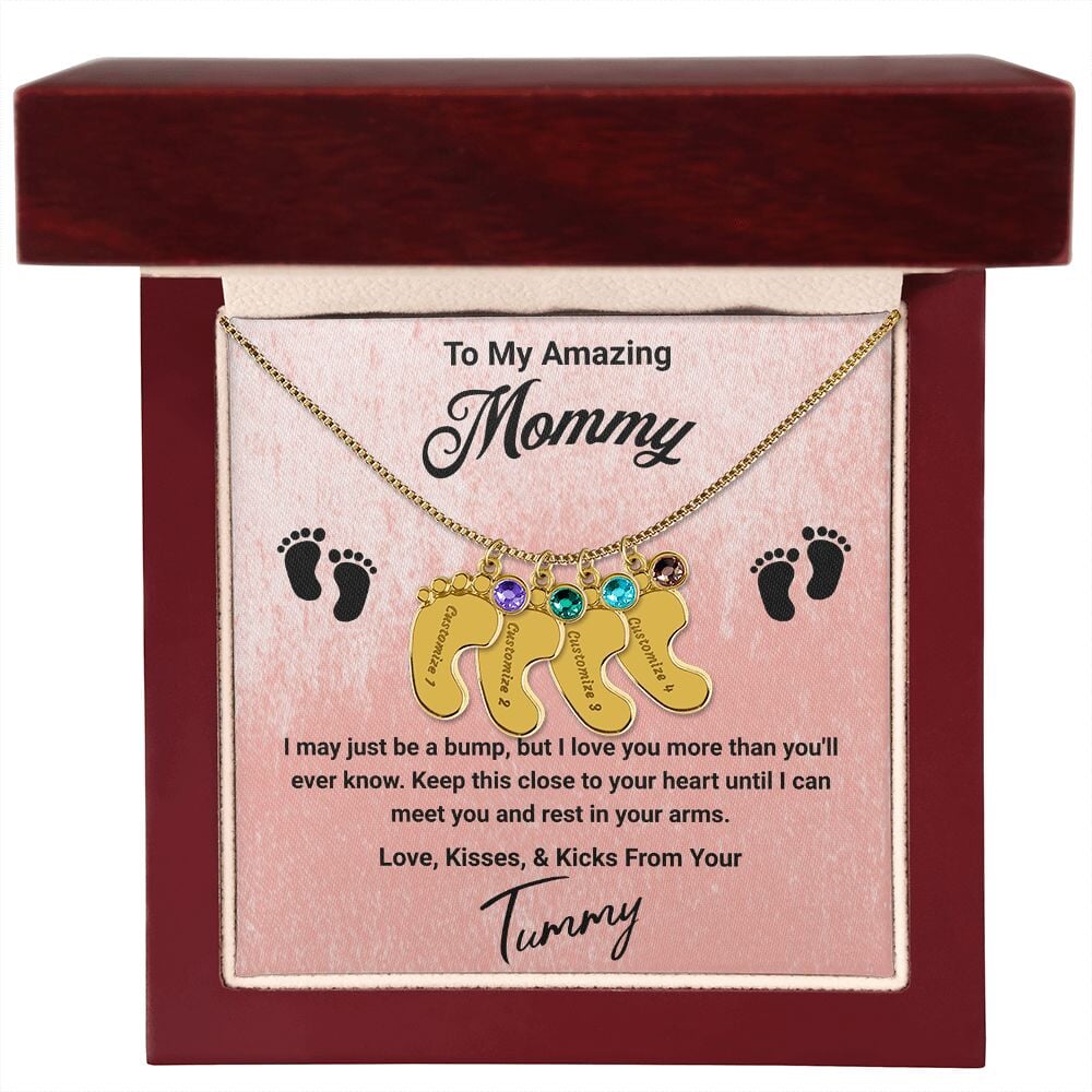 To My Amazing Mommy Baby Feet Pendant Engraved Necklace Jewelry TVShowGifts 4 Charms 18K Yellow Gold Finish Luxury Box